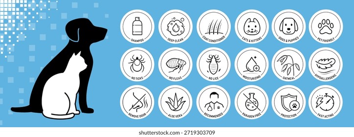 Conjunto de iconos vectoriales para gatos, parásitos y gusanos. Los íconos están diseñados para ser versátiles, adecuados para su uso en materiales informativos, productos veterinarios, cuidado de mascotas, App y más. EPS10.