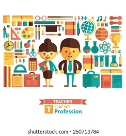 Set of vector icons and characters. Teacher, education, school. Flat style