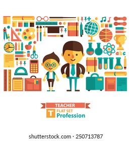 Set of vector icons and characters. Teacher, education, school. Flat style