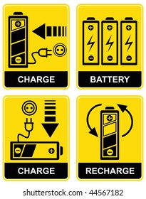 Set of vector icons - charging and recharging the accumulator battery. Yellow and black. Pictograms.