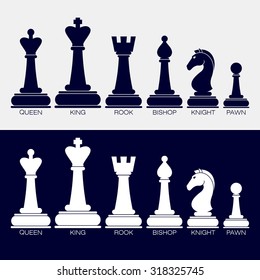 Set of vector icons of chess pieces. Their names queen, king, rook, bishop, knight, pawn. Black and white.