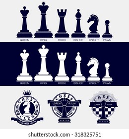 Set of vector icons of chess pieces and chess clubs version of the logo. Design for the decoration of tournaments, sports cups. Black and white.