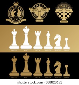 Set vector icons of chess pieces and chess clubs version of logo. Design for decoration tournaments, sports cups, logos business cards. Black, white, gold.