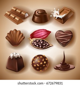 Set of vector icons of chocolate desserts and candies, liquid chocolate and cocoa beans in a realistic style. Print, template, design element for packaging and advertising, stickers