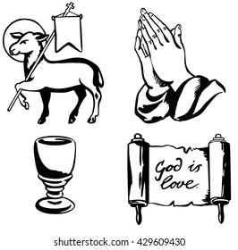 Set vector icons of christian religion sign and symbol. Drawings ink, isolate.