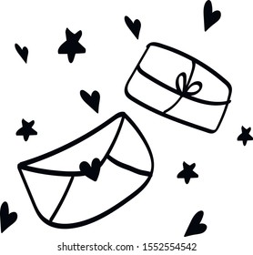 set of vector icons, Christmas letters and present Single hand drawn elements New Year greeting cards, posters, stickers and seasonal design. Isolated on white background. Doodle vector illustration