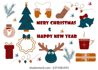 Set of vector icons for Christmas and New Year in bright colors. Christmas attributes in cartoon style. Can be used as a postcard