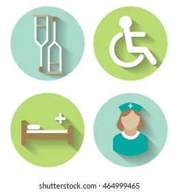 Set of vector icons for clinic about disability. Crutches, wheelchair, nurse, hospitalization.