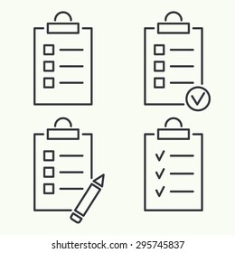 Set Vector Icons. Clipboard With To Do List And Pencil. Lines With Check Boxes. 