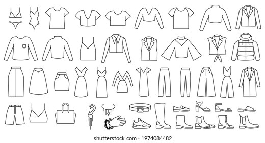 Set of vector icons with clothes. Women apparel. Line icons for app and website. Black linear fashion collection