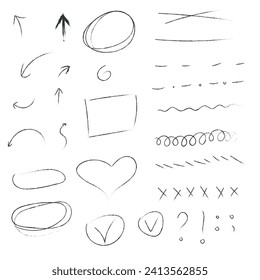  Set of vector icons of coal arrows, circles, underlines, squares and hearts. Hand drawn drawings of various curved lines, arrow curls. Direction signs on a white background.