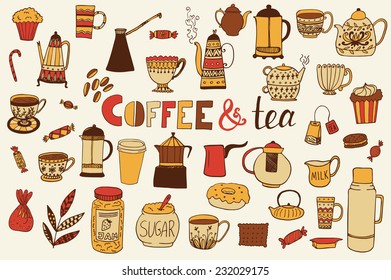 The set of vector icons with coffee and tea kettles. Cups, sweets, candies. Food and drinks. Hand drawn vector background
