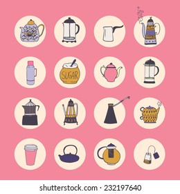 The set of vector icons with coffee and tea kettles. Cups, sweets, candies. Food and drinks. Hand drawn vector background