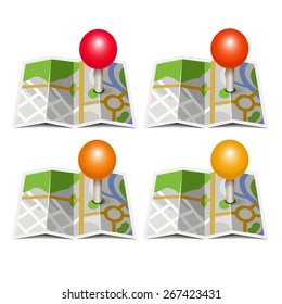 Set of vector icons collection cards with pin with the scheme of the city