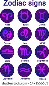 Set of vector icons. Collection of zodiac signs in purple colors with the Space. Stars and lights. Astrology symbols with latin names