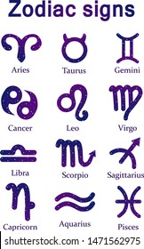 Set of vector icons. Collection of zodiac signs in purple colors with the Space. Stars and lights. Astrology symbols with latin names