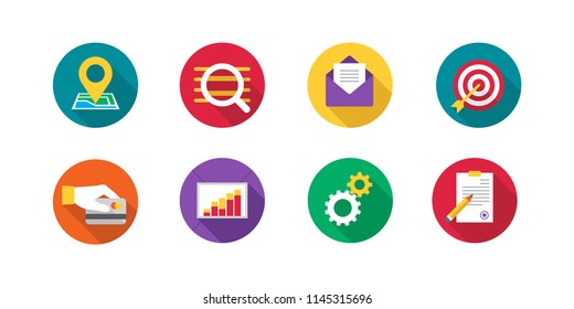 Set of vector icons in colorful flat style - location, search, mail, payment, graph, gears and list