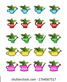 Set of vector icons with colorful watering cans and green plants. Vector illustration of garden supplies. Home decor.