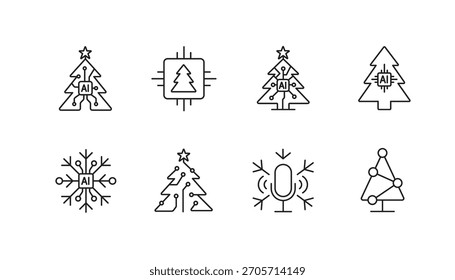 Um conjunto de ícones vetoriais combinando a tecnologia de IA e elementos festivos como árvores de Natal, flocos de neve e controle de voz, criados em estilo de linha com traço editável