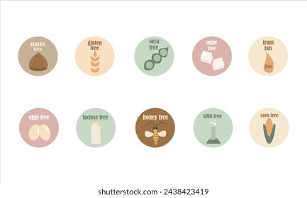 Set of vector icons of common allergens (gluten, lactose, eggs, peanut), sugar free and GMO free labels. Round stickers with food intolerance symbols for product packaging