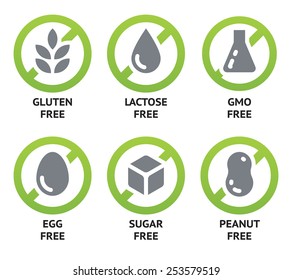 Set of vector icons of common allergens (gluten, lactose, eggs, peanut), sugar free and GMO free labels. Round stickers with food intolerance symbols for product packaging