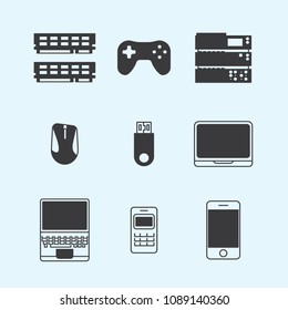 Set of vector icons, computer parts and modern computer equipment. Computer work tools. Flat design is thin line.