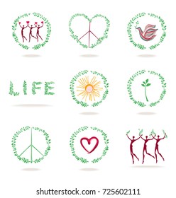 Set of vector icons. Concept images of life, nature, peace, love, health.