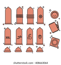 set of vector icons of condoms - ribbed, classic, dotted, banana, cherry, strawberry, flavored, xxl, large size, prolonging (cold)