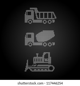 Set of vector icons of construction equipment: trailer, cement mixer, grader