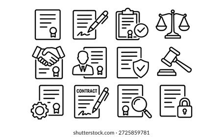 Conjunto de iconos vectoriales que contienen imágenes sobre contratos, Acuerdos y documentos vinculantes. Estilo de ilustración simple y limpio.