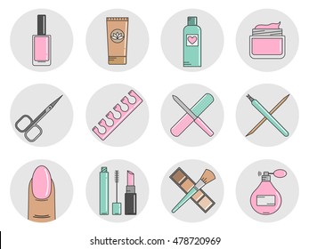 Set of vector icons cosmetics and manicure. Line style icons. Cosmetics icons. Manicure icons.