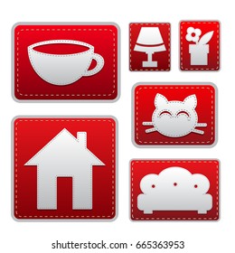 Set of vector icons, Couch, Lamp, Flower vases, Cup, House.