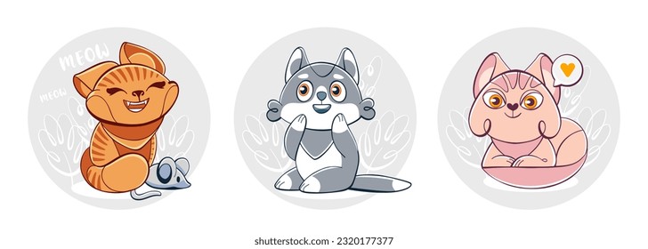 Set of vector icons of cute cats characters in cartoon style.