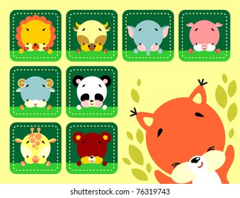 Set of vector icons cute various animals