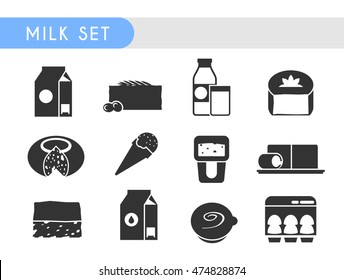 Set vector icons. Dairy products: cheese, cottage cheese, milk, yogurt, ice cream, cream, eggs, butter, kefir.