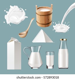 Set vector icons of dairy products, splashes.