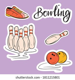 Set of vector icons dedicated to bowling. Isolated icons and lettering