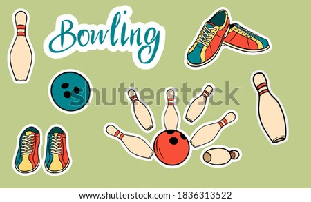 Set of vector icons dedicated to bowling. Isolated icons and lettering