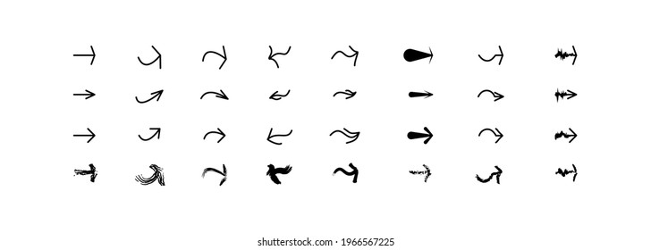 Conjunto de iconos vectoriales de flechas deformadas. Ilusión de iconos de flecha distorsionados.