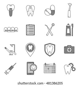A set of vector icons in dental linear style. Icons for the web site dental clinic. Orthodontics, implants.