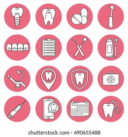 Set of vector icons in dental linear style. Icons for the web site dental clinic. Orthodontics, implants. Dental icons. Modern dental vector icons. Dental linear style icon.