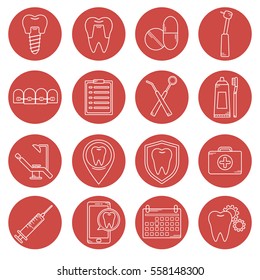 Set of vector icons in dental linear style. Icons for the web site dental clinic. Orthodontics, implants. Dental icons.