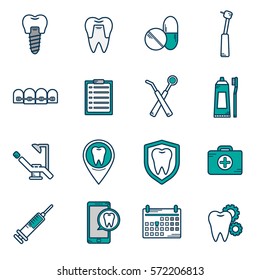 Conjunto de ícones vetoriais em estilo linear dental. Ícones para a clínica odontológica site. Ortodontia, implantes. Ícones dentários.