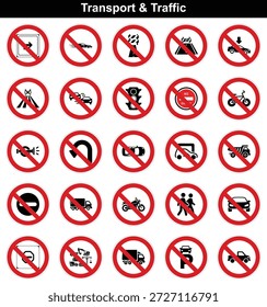 Conjunto de iconos vectoriales que representan acciones y elementos prohibidos en carreteras y rutas de tráfico. Imprescindible para la información y el cumplimiento de las normas por parte del conductor.
