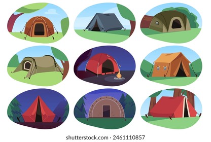 A set of vector icons depicting domed and triangular tents in the forest in the morning and evening. Camping equipment for traveling and outdoor recreation.