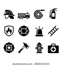 Set of vector icons depicting firefighter helmet fire truck hose extinguisher shield axe hydrant first aid kit and safety symbols