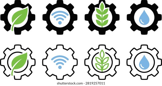 A set of vector icons depicting a gear with a leaf, wifi signal, sprig, and water drop inside. White background.