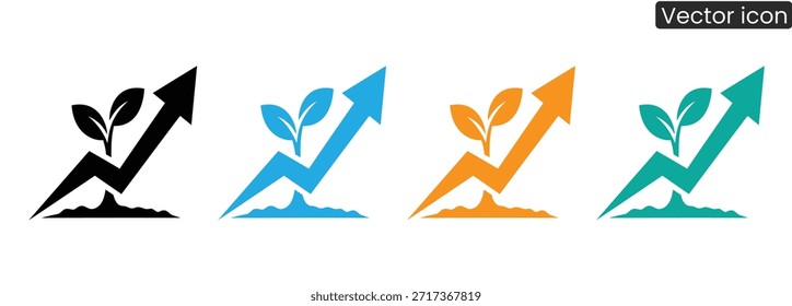 Set of vector icons depicting growing plants with upward arrows in four colors