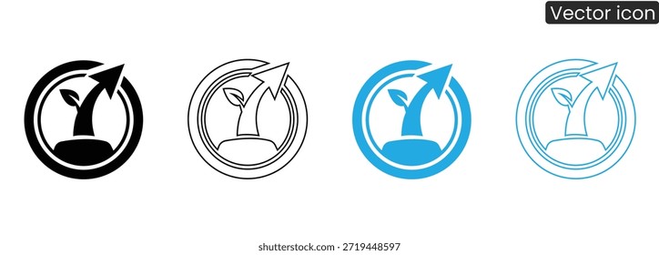 Set of vector icons depicting a growing plant with an upward arrow in a circular design, symbolizing growth and progress in a modern and minimalist style.