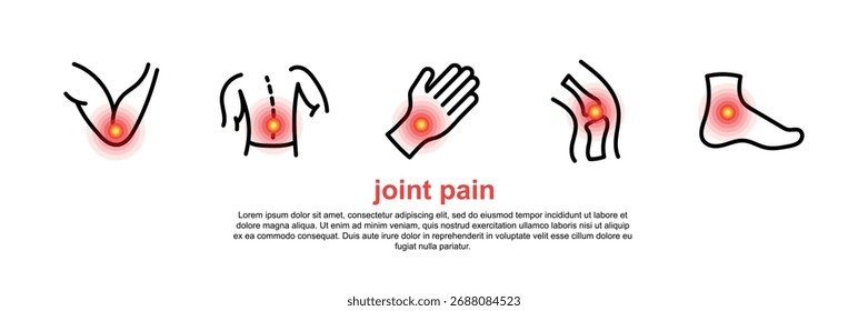 Conjunto de iconos vectoriales que representan el dolor articular. Símbolos médicos para el dolor de espalda, rodilla, brazo, pierna y columna vertebral. Concepto de atención médica y anatomía sobre fondo blanco.